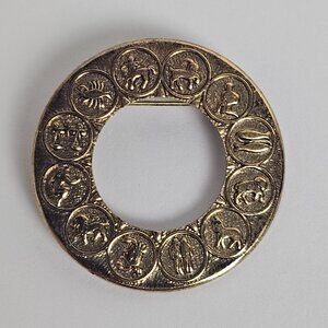 Vintage Zodiac Brooch Gold Tone 1.25" Pin 12 Astrological Signs Circle Celestial